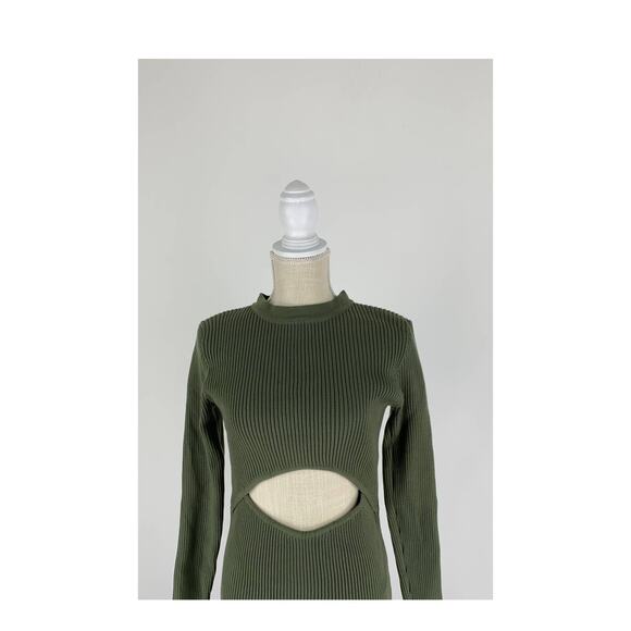 O. Vianca Ribbed Long Sleeve Cut Out Knit Maxi Dress Womens Size Large Green New - Picture 9 of 10